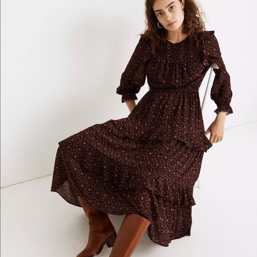 Madewell (Re)sourced Georgette Tiered Ruffle Midi Dress in Orchard Flora, Size L